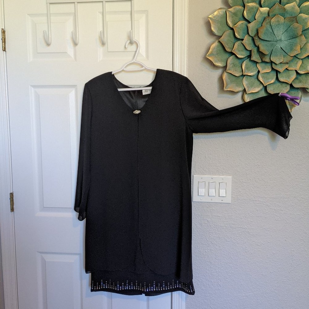 90s | LILLIE RUBIN | Organza Overlay Dress, Jeweled | 14 | EVC Black w/ Crystals